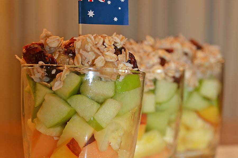 green and gold fruit salad with ANZAC crumble