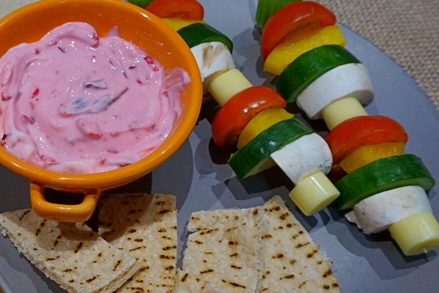beetroot tzatziki with salad on a stick