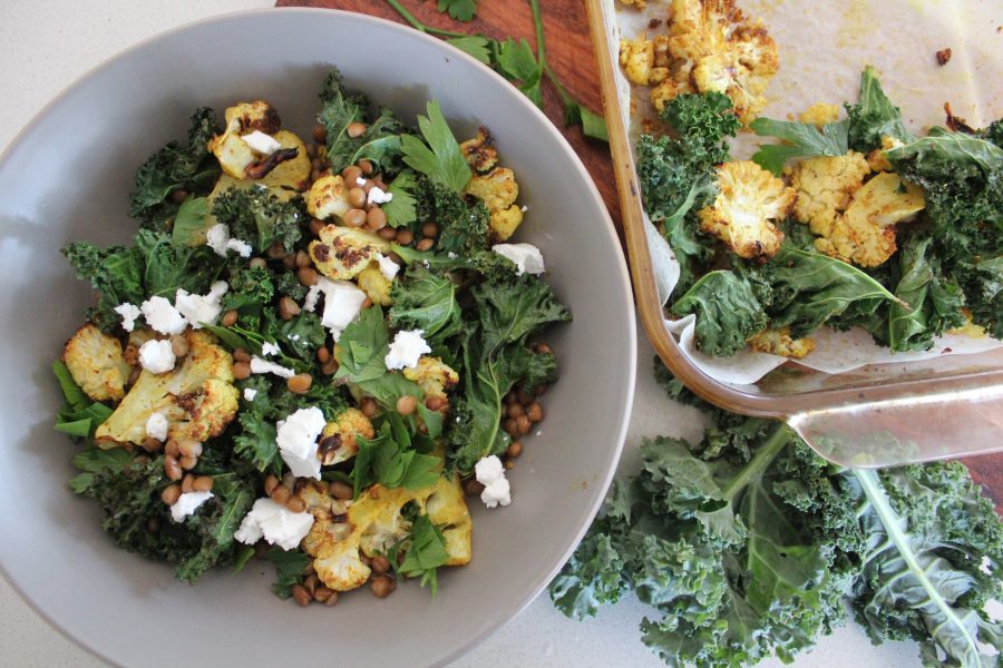 curried cauliflower, lentil and kale salad with Persian feta